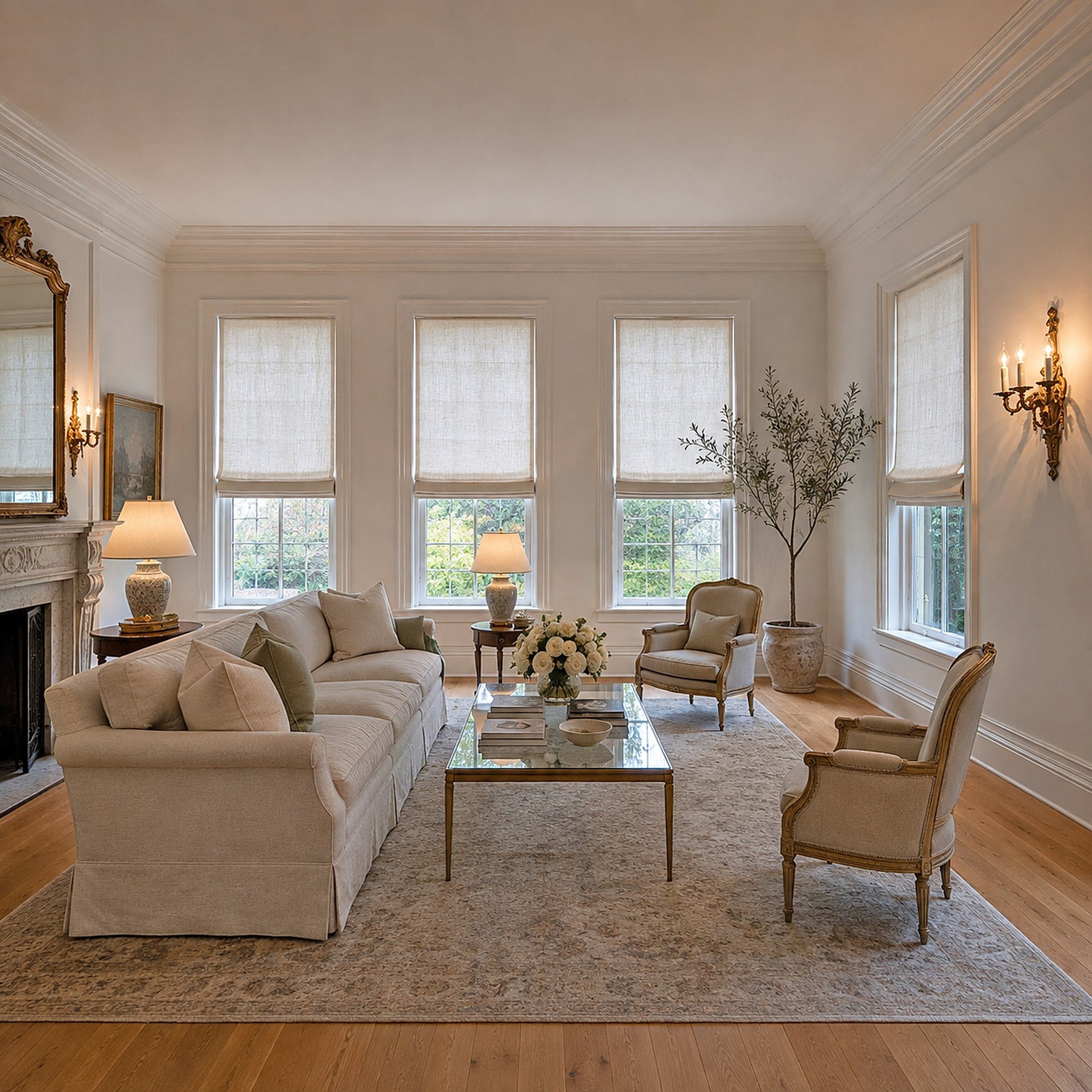 Irish linen relaxed Roman shades across four living-room windows in natural daylight