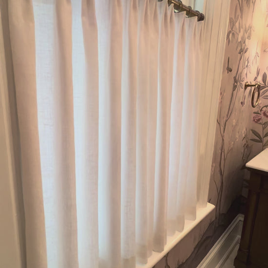 French pleat linen café curtain video — fabric drape and daylight through the linen