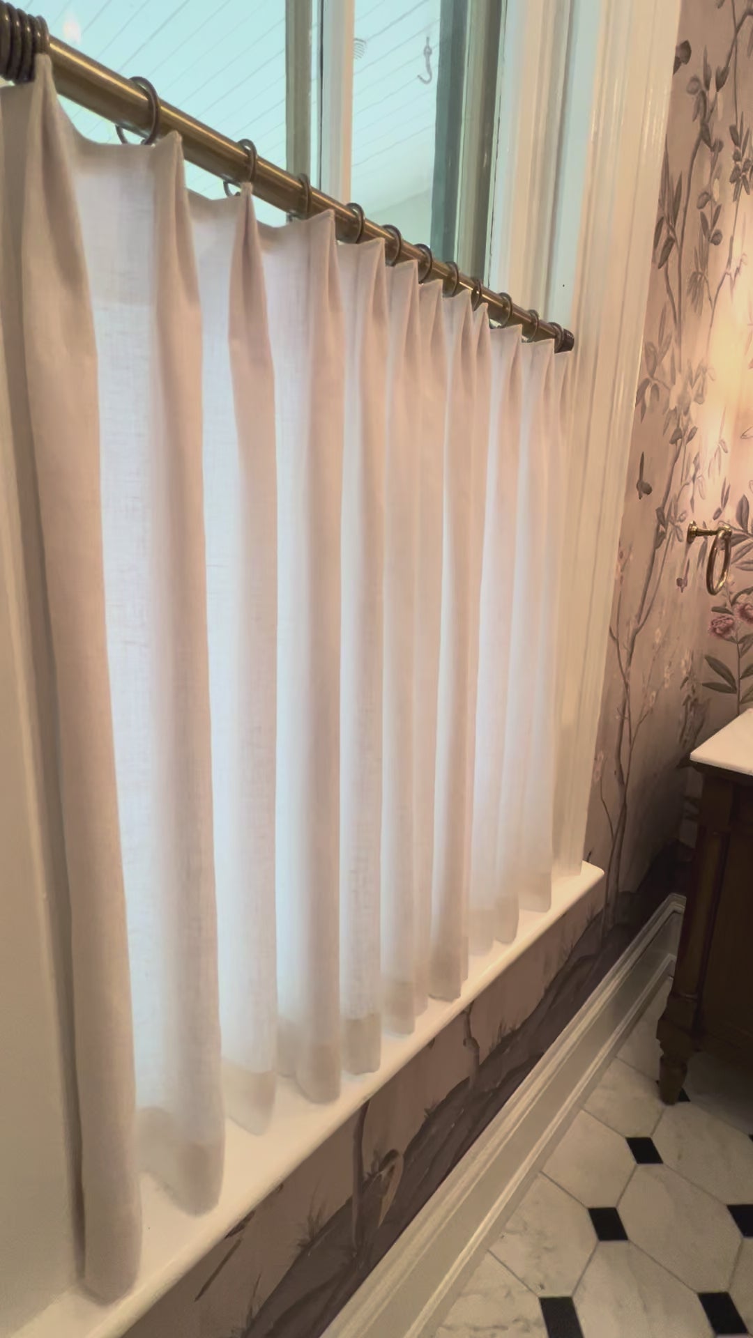 French pleat linen café curtain video — fabric drape and daylight through the linen