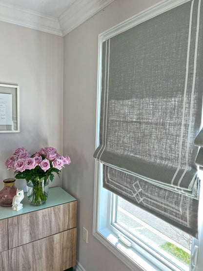 Linen Roman Shade with Double Ribbon Border and Diamond Design — Custom Size