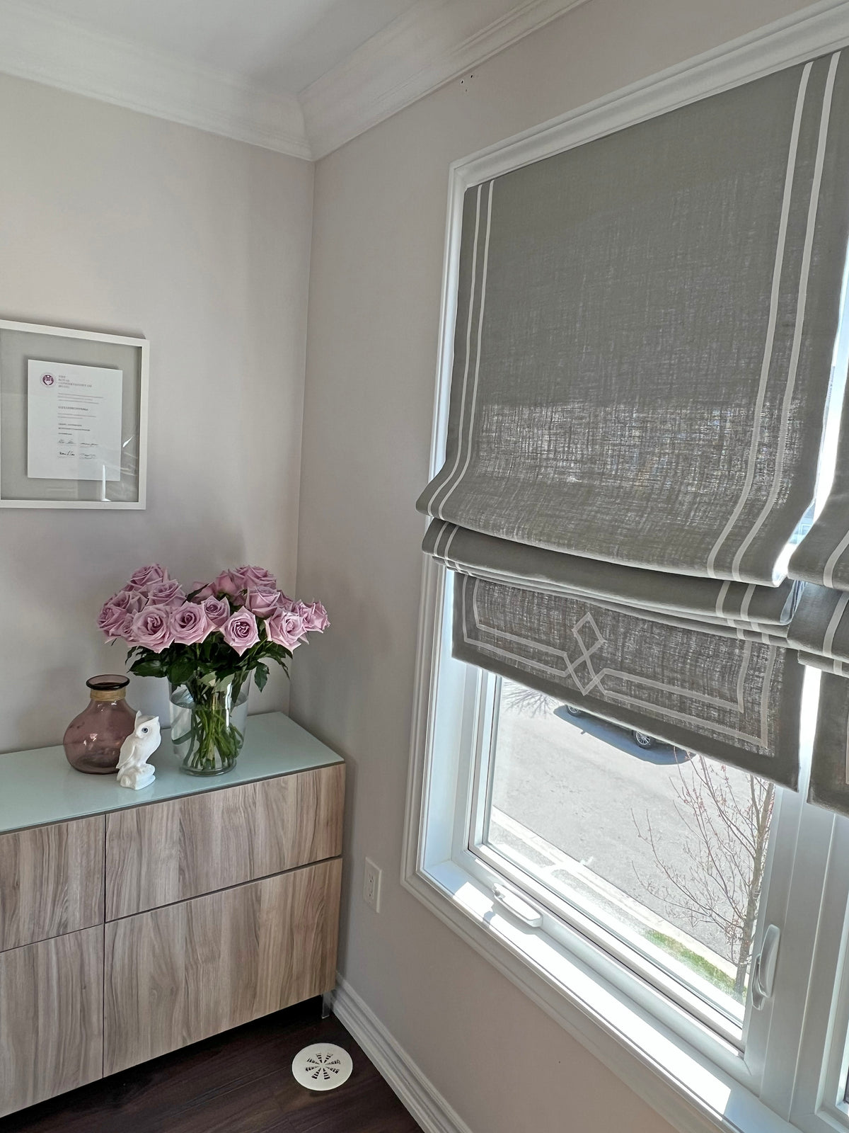Linen Roman Shade with Double Ribbon Border and Diamond Design — Custom Size
