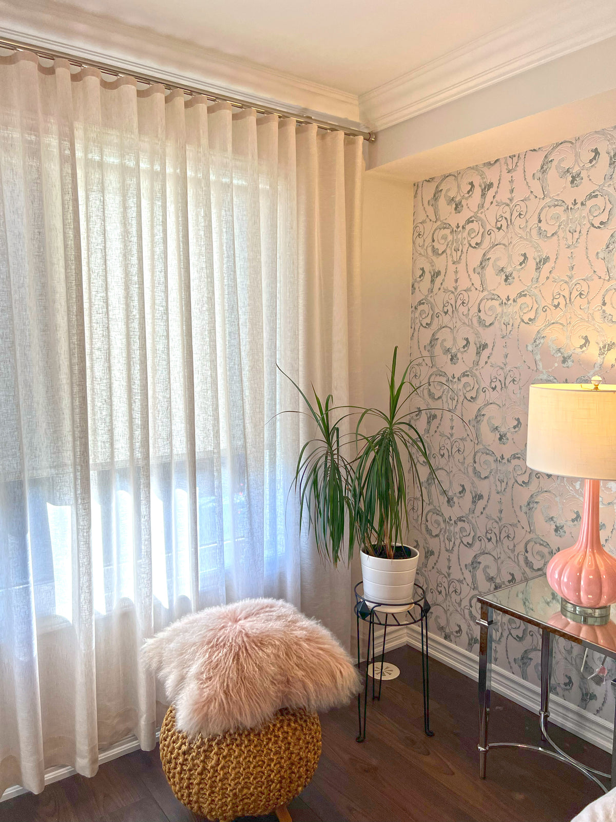 Brent Candle linen-blend sheer ripple fold curtains floor to ceiling across a bedroom window, daylight filtering through