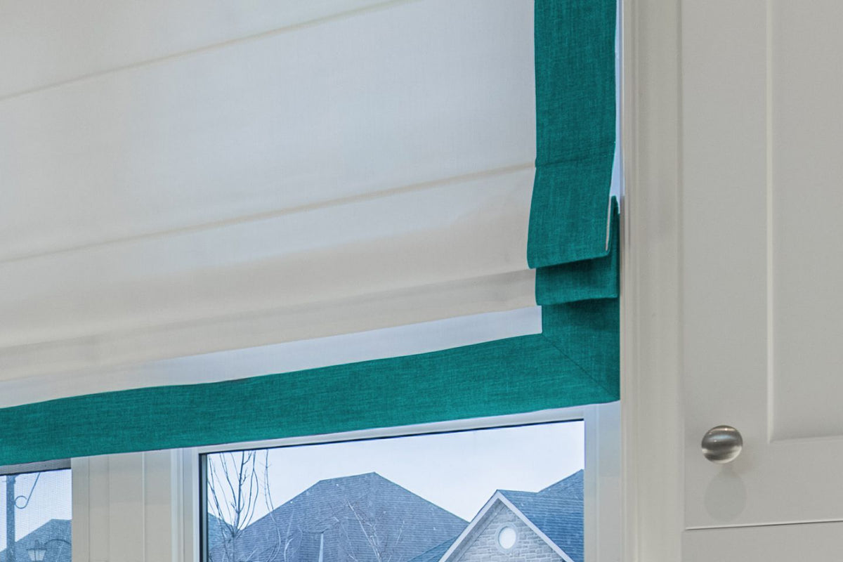 White flat Roman shade with Marine border