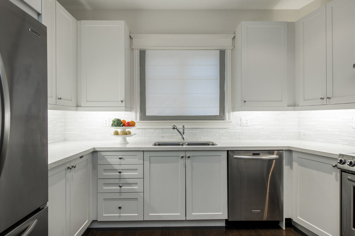 White flat Roman shade with Slate border