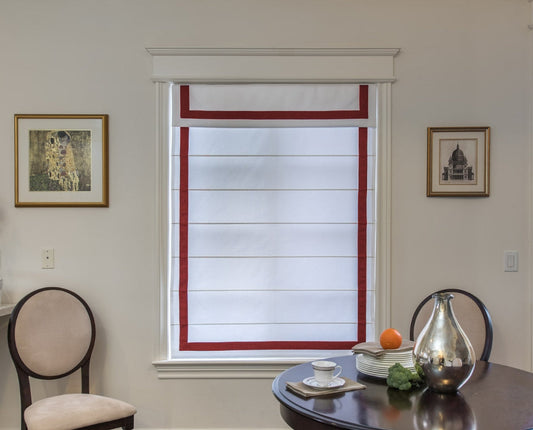 Custom White Red Border Flat Roman Shade With Valance