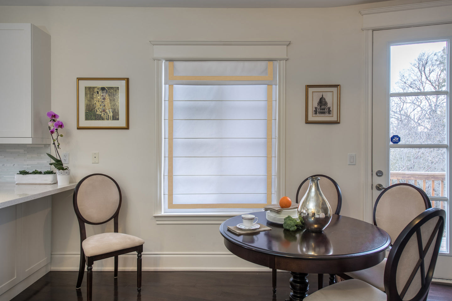 White Brown Border Flat Roman Shade With Valance