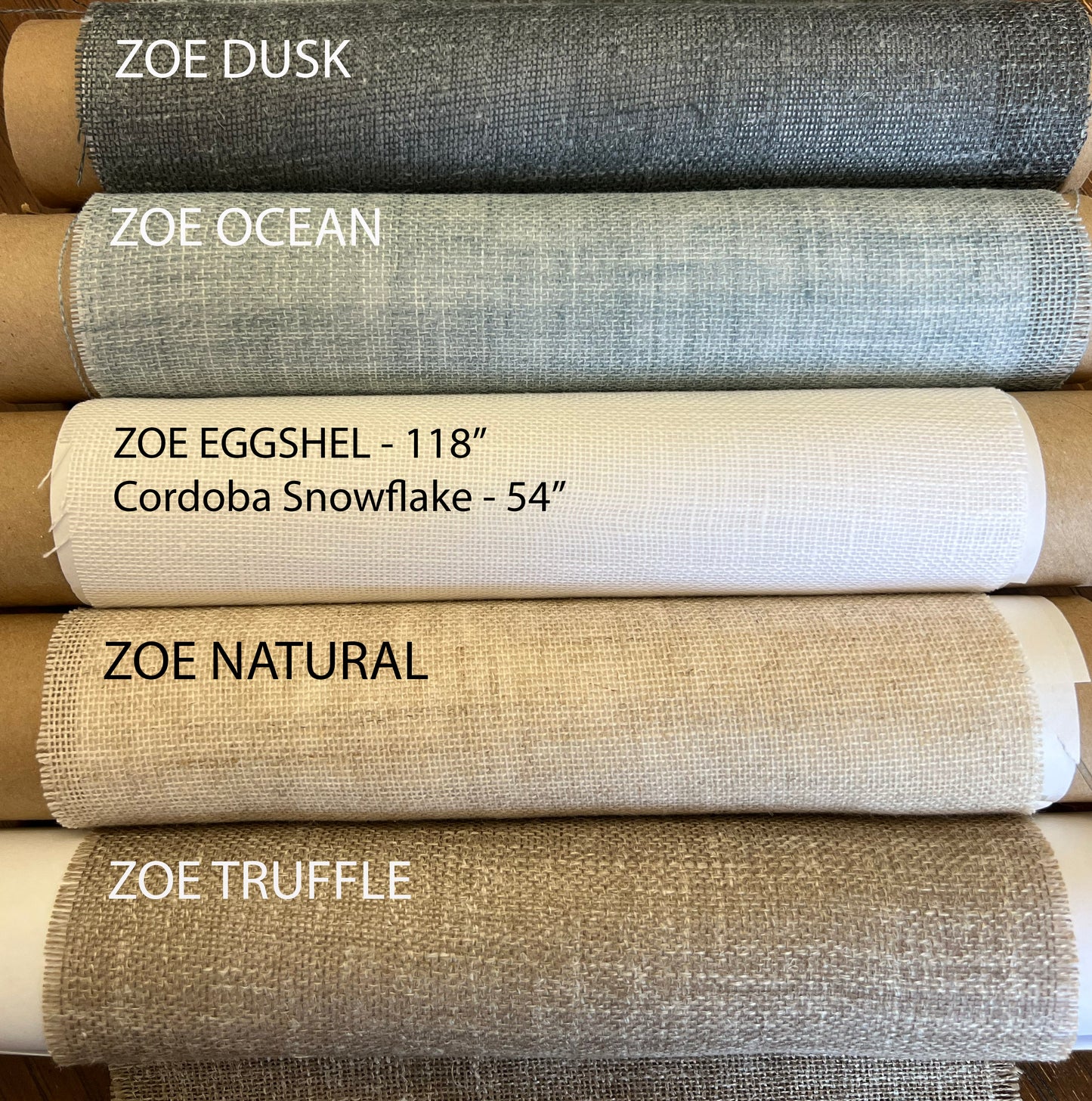 Linen fabric samples for café curtains — Cordoba Snowflake, Zoe Natural and Zoe Truffle swatches