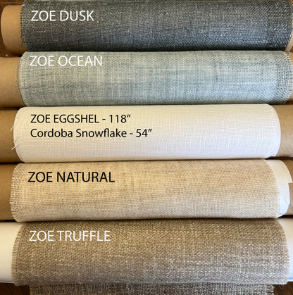 Linen fabric samples for café curtains — Cordoba Snowflake, Zoe Natural and Zoe Truffle swatches