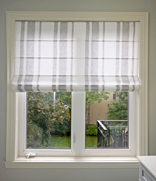 Custom Grey Stripes Flat Linen Roman Shade