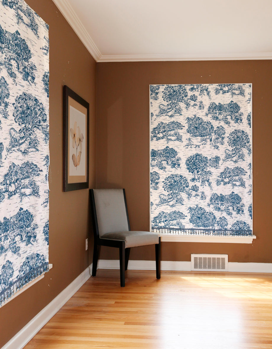 Blue French Style Pattern Flat Cotton Roman Shade