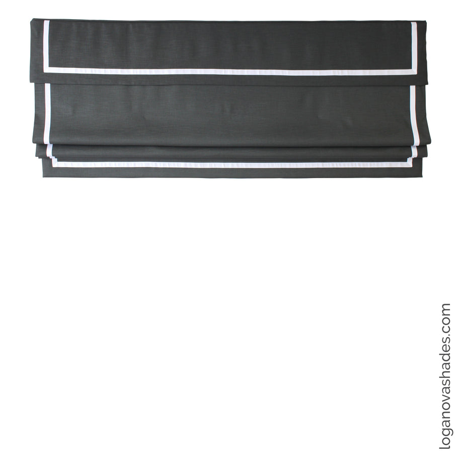 Custom Relaxed Roman Shades. Black or Grey Background & White Border