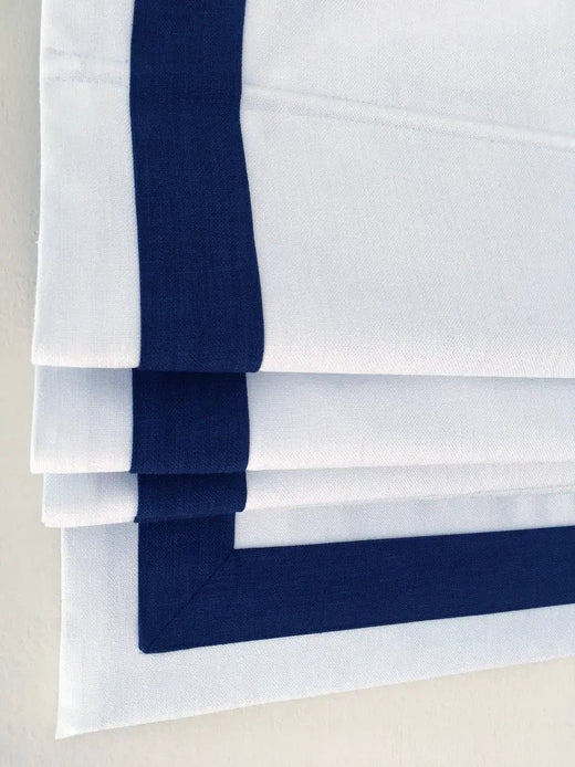 Custom roman shade, flat roman shades with three side 2 inch Navy borders, roman shades with chain mechanism, window treatments