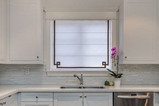 Brown Border White Flat Linen Roman Shade with Greek Key Design