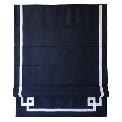 Dark Blue Flat Linen Roman Shade with Greek Key Design