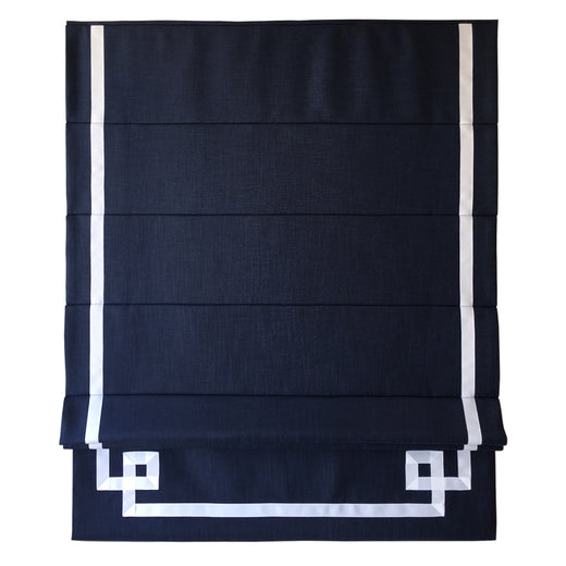 Dark Blue Flat Linen Roman Shade with Greek Key Design