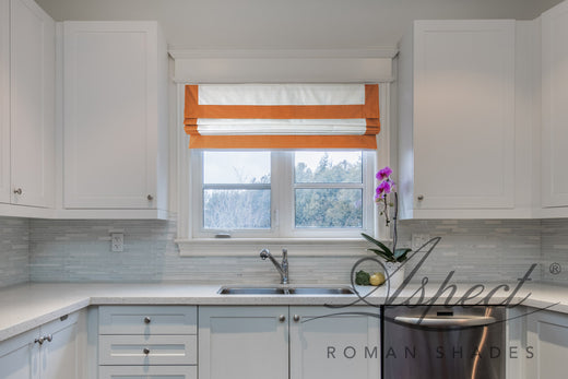 Custom Chevalle Range Red Border Relaxed Roman Shade