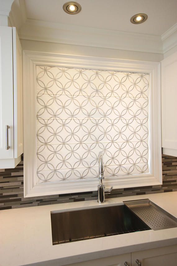 Custom Roman Shade, Metric Silver with geometric embroidery pattern , linen roman shade, chain mechanism, Roman Shades for windows