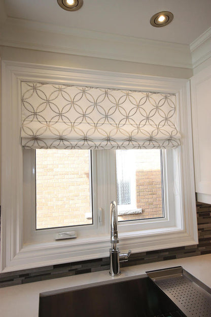 Custom Roman Shade, Metric Silver with geometric embroidery pattern , linen roman shade, chain mechanism, Roman Shades for windows
