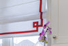 Red Border White Flat Linen Roman Shade with Greek Key Design